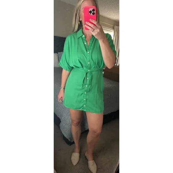 THAKOON COLLECTIVE Green Twill Short Sleeve Shirt Button Front Mini Dress Size 6 - Image 4
