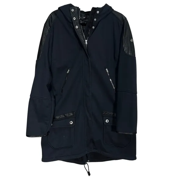 Spyder Women's XL Black Hooded Rain Trench Coat Faux Leather Accents Winter Fall - Image 5