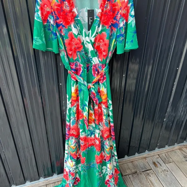 Lulus NWT Still in Paradise Floral Green Wrap Maxi Dress Medium Vacation Resort - Image 7