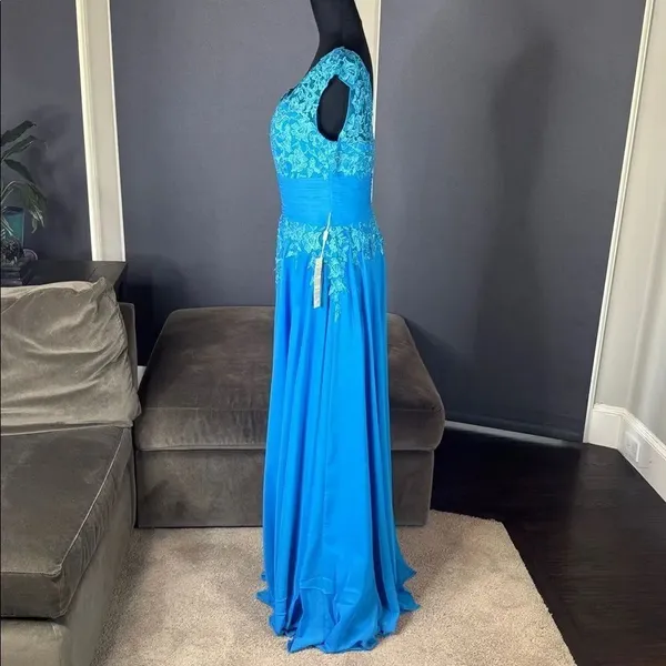Women’s Blue Full Length Formal Dress V-Neck Lace Appliqué Bodice Size 10 NWT - Image 6