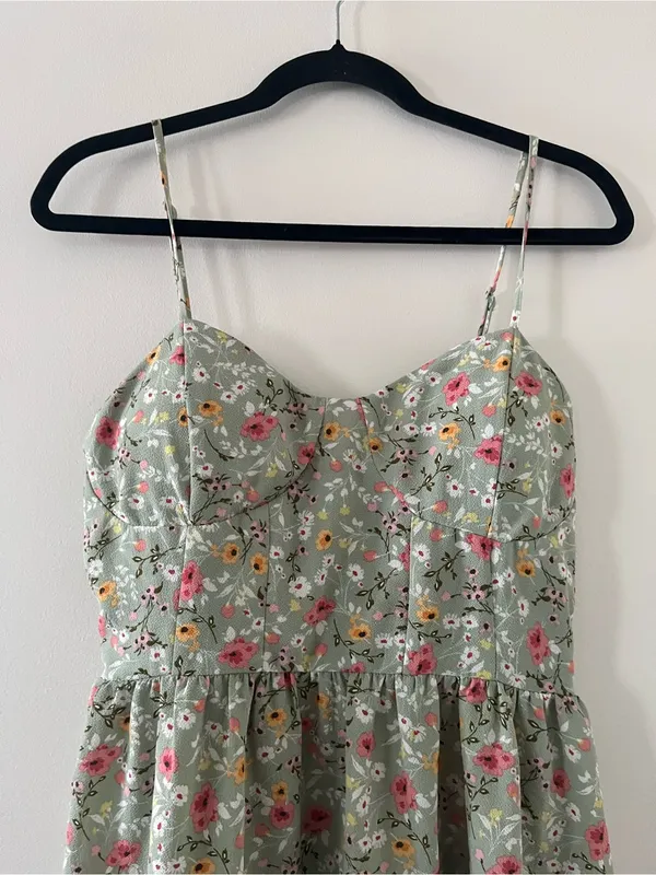Sage Green Ditsy Floral Mini Dress Large Cottagecore Romantic Sundress Casual - Image 2