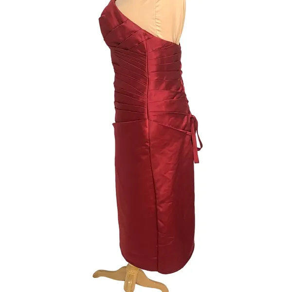 Glam Strapless Red Satin Pleated Cocktail Dress Corset Back M Hoco Bridesmaid - Image 5