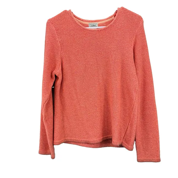 Vintage LL Bean Orange Chunky Knit Cotton Crew Neck Pullover Sweater SMALL - Image 3