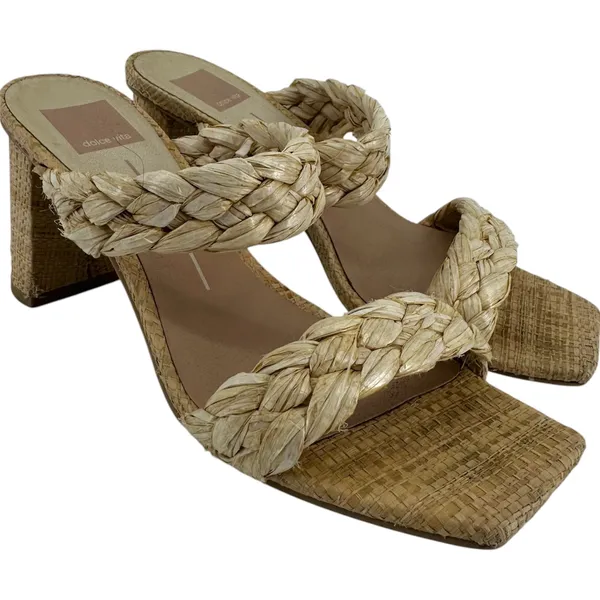 Dolce Vita Paily Natural Raffia Woven High Heel Slide Sandals Square Beige 8.5 - Image 2