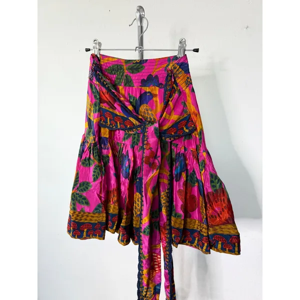Farm Rio Mini Skirt Pink Tropical Bird Mushroom Print Wrap Tie Tiered Ruffle M - Image 3