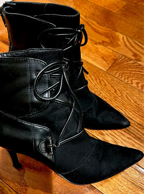 Nine West VTG Y2K Black suede/leather pointed toe with lace Ankle boots 7M - Image 13