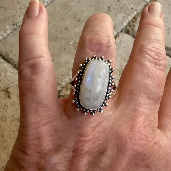 Rainbow Moonstone 925 Silver Overlay Ring Size 9 - Image 9