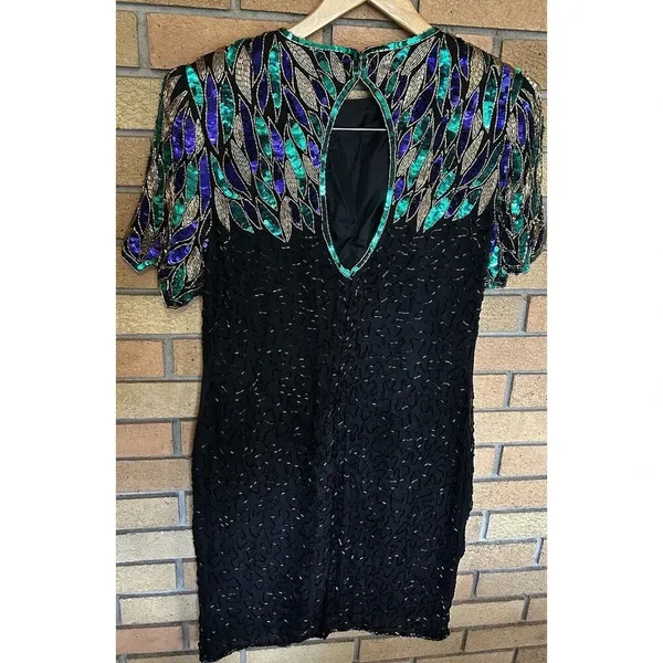 VTG 80s Stenay Women Black Silk Sequin Bead Cocktail Party Dress Sz 10 P Evening - Image 5
