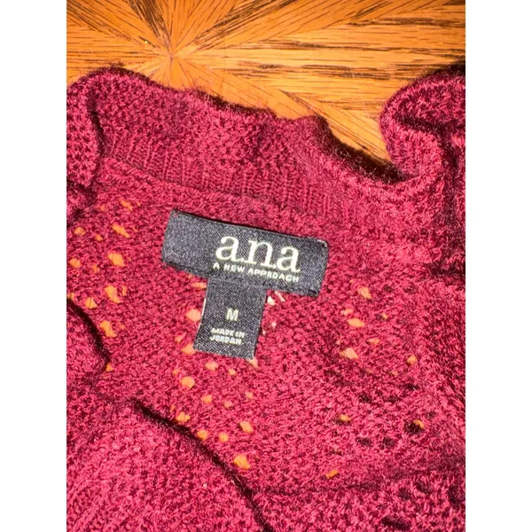 ANA A New Approach Burgundy Pointelle‎ Knit Ruffle Neck Puff Sleeve Sweater M - Image 4