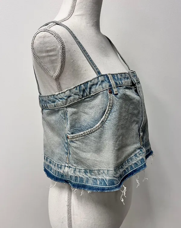 ZARA NWT Cropped Denim Jean Top Distressed w/ Spaghetti Straps Light Blue Wash - Image 3