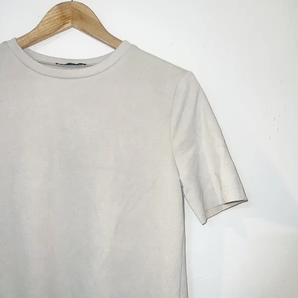 Zara neutral short sleeve faux pocket minimalist mini shift dress - Image 3
