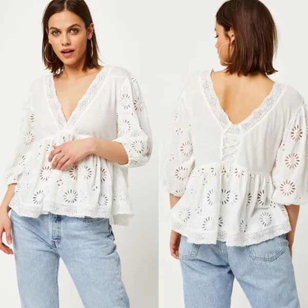 Free People Sweeter Side V-Neck Eyelet Blouse White Size XS - Image 2
