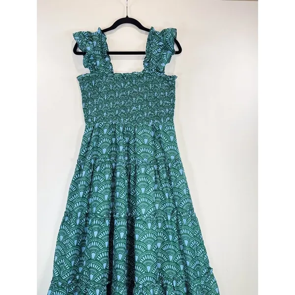 J Marie Midi Dress Green Floral Square Neck Ruffle Smocked Tiered A Line Medium - Image 6