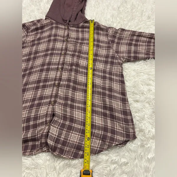 American Eagle purple cream plaid hoodie button-down flannel shirt top woman’s L - Image 7
