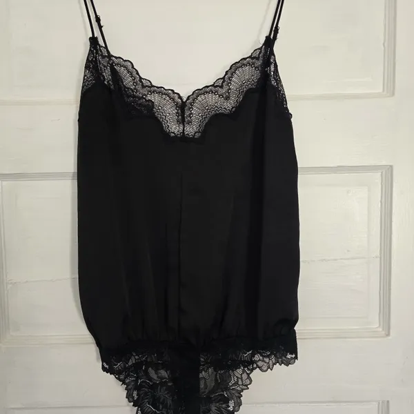 Free People Black Satin Lace-Trim Chemise - Image 2