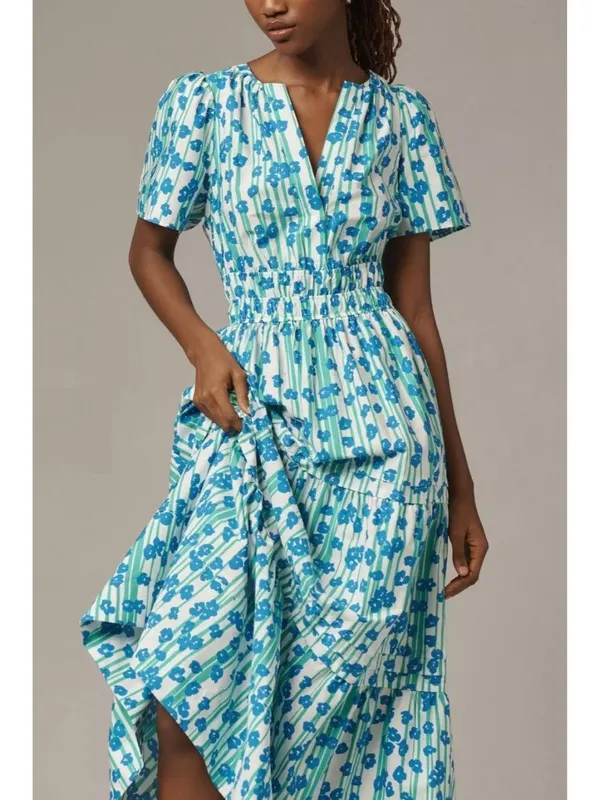 NWT Anthropologie Somerset Maxi in Blue Green Stripe Floral Cotton Tier Dress M - Image 2