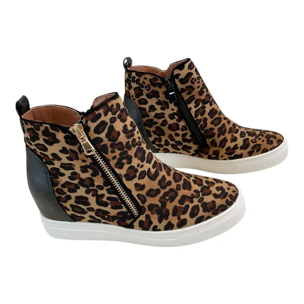 Le Sheelah Leopard Print Wedge Sneakers‎ Hidden Zipper Ankle Boots Size 6 - Image 7