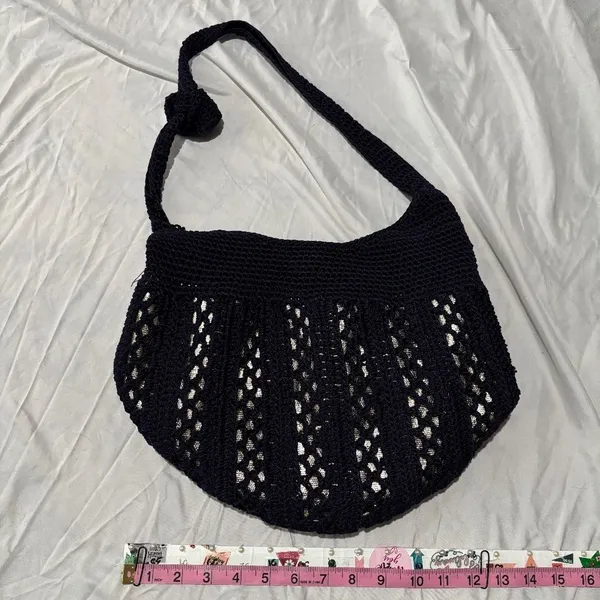 Navy Gold Metallic Crochet Shoulder Bag Open Knit Hobo Purse Boho Y2K Slouchy Ha - Image 3