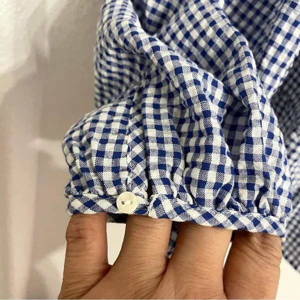 Old Navy Womens Shirt Blouse Blue White Gingham Plaid Seersucker Size Medium - Image 9