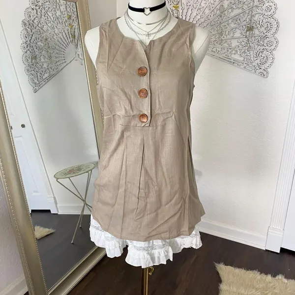 NWOT Tan Nude Linen & Cotton Sleeveless Button Up Tank Top Blouse S Aumora - Image 2