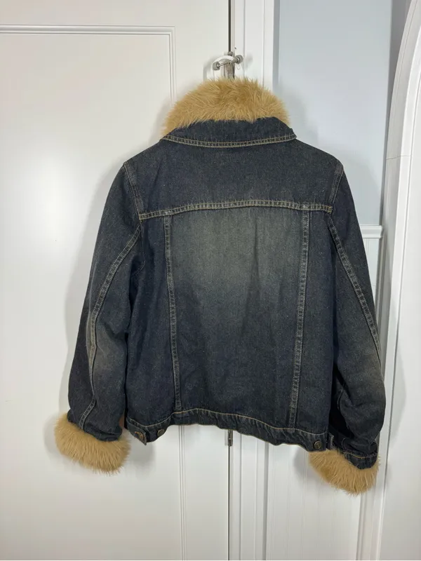 VTG Y2k Denim Jean Coat Womens M Chunky Fur 90s Bratz Retro Lizzy McGuire Boho - Image 5