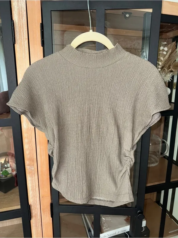 Zara ruched top textured gathered mock neck short sleeve neutral taupe - Image 4