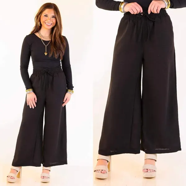Flowy Medium Wide Leg Pants Black Paperbag Waist Drawstring Palazzo Minimalist - Image 2