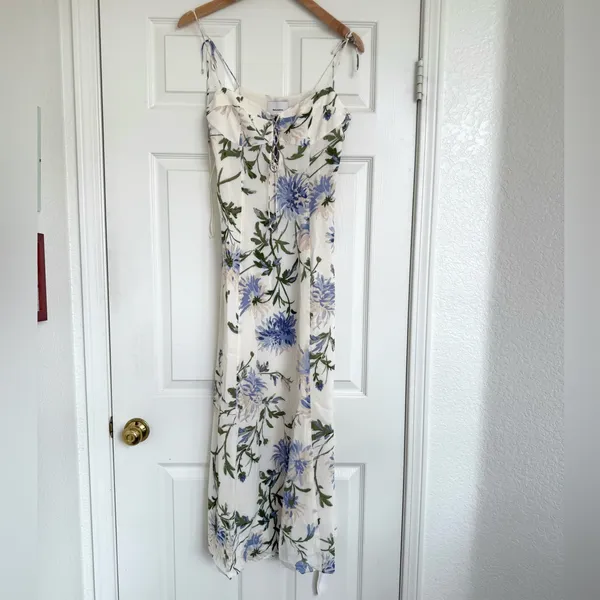 Reformation Emely Dress Midi Length Serenity Ivory Lilac Floral Lace Up French 8 - Image 7