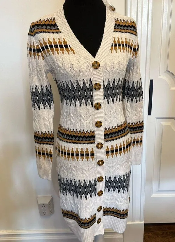 Lucky Brand Fair Isle Nordic Stripe Button Front Sweater Dress Cream NEW - Image 2