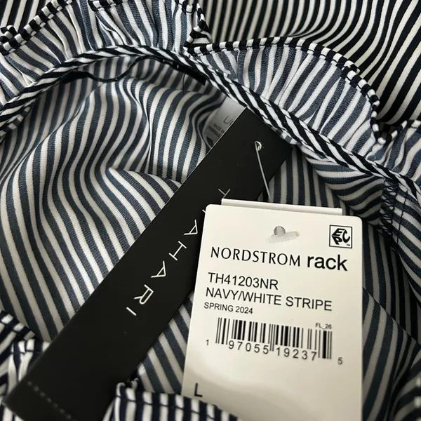 T Tahari Navy and White Stripe Button Down Blouse Large NWT - Image 2