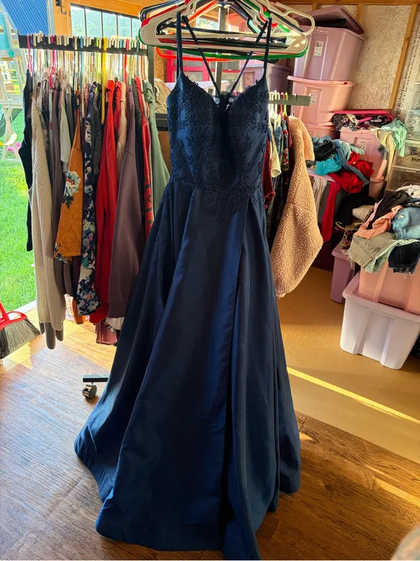 La Femme Navy Lace Bodice A-Line Train Prom Gown - Image 2