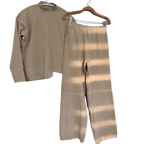 Qoza Boutique SET Cozy Knit Sweater Wide-Leg Pants Taupe Womens M 6-8 - Image 3