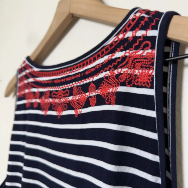 THML‎ Women Maxi Dress Medium Blue White Striped Red Embroidered Boho Resort - Image 8