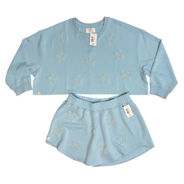 Simply Southern Ice‎ Blue Pearl Star Crop Sweatshirt and Skort Set XL NEW - Image 14