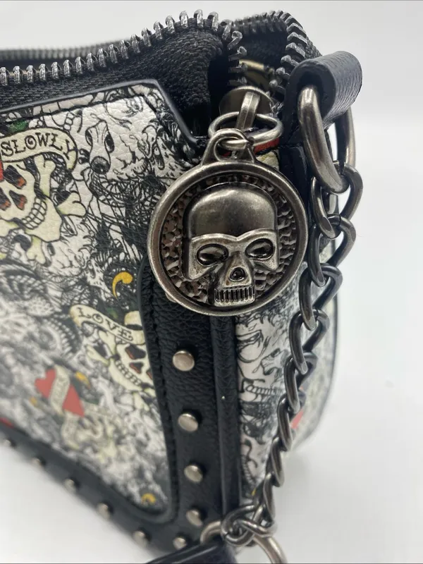 Ed Hardy Shoulder Bag Black Love Kills Slowly Studded Purse Grunge Goth Chains - Image 5