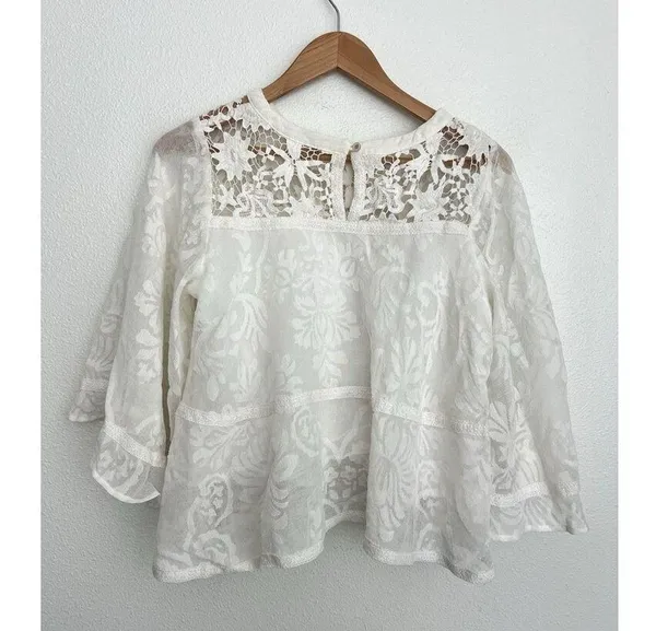 Champagne & Strawberry Floral Blouse Boho Sheer Flowy Lace Top Bell Sleeves L - Image 4
