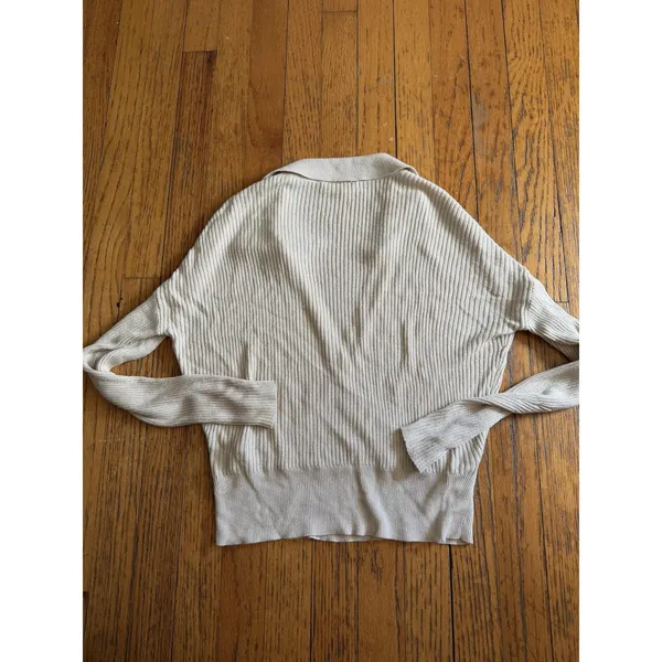 L'AGENCE Sweater Womens XS/S Beige Wrap V Neck Metallic Ribbed Knit Lightweight - Image 6
