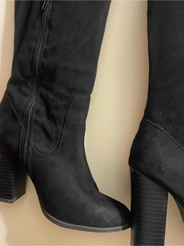 X2B Womens Size 6.5 6 1/2 Black Faux Suede 25” Tall Boots 3.75” Chunky Heel Ties - Image 9