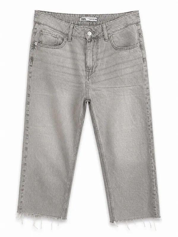 Zara Women’s Gray Cropped Straight Leg Jeans Size 8 Raw Hem High Rise Cotton - Image 2