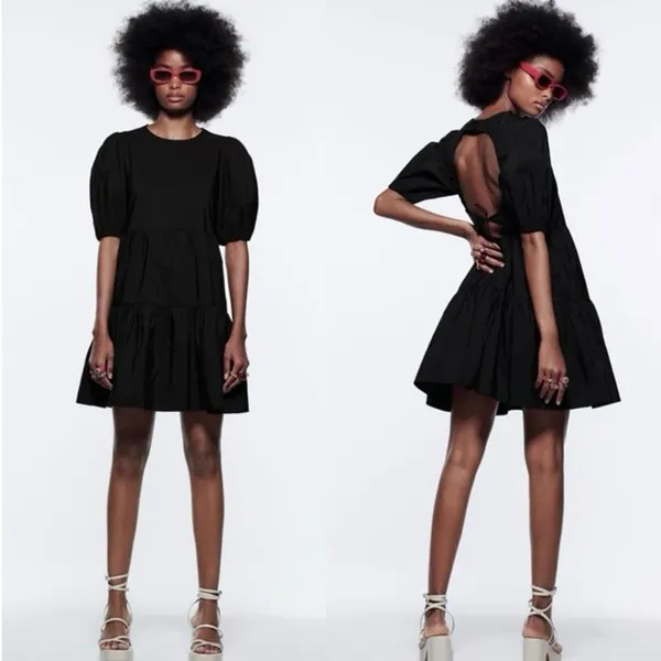 Zara Black Puff Sleeve Open Back Cocktail A Line Tiered Mini Dress Size XS - Image 2
