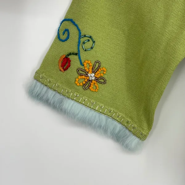 Michael‎ Simon Embroidered Floral Cardigan Fur Trim Green L Vintage - Image 3