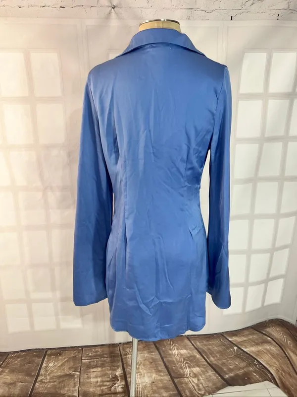 Hello Molly Blue New Perspective Satin Long Sleeve Mini Shirt Dress Size Medium - Image 5