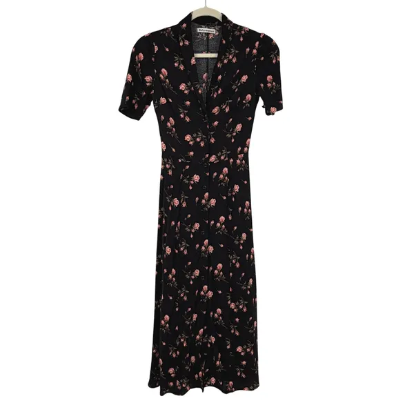 Reformation‎ Rocki Floral Print Shirtdress Women's 0 Black Rose Midi Dress - Image 2