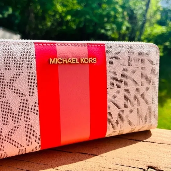 Michael Kors MK Logo Zip Around Phone Wallet Pink Stripe NWT - Image 5