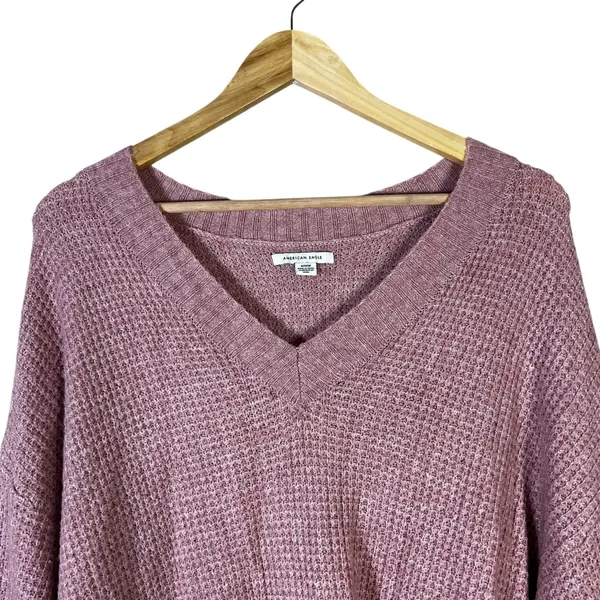 American Eagle Waffle Knit V-Neck Sweater Pink Oversized Balloon Sleeve Size M - Image 3
