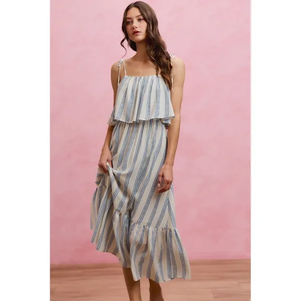 SO ME Stripe Tiered Shoulder Tie Midi Lined Dress - Medium - Image 6