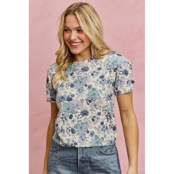 SO ME Floral Print Short Sleeves Sweater Knit Top - Blue - XL - Image 12