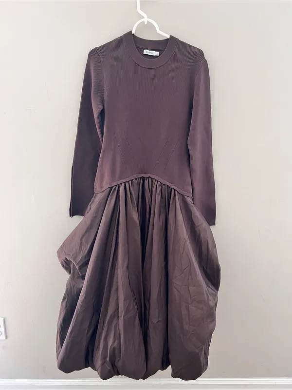 SIMKHAI Kenlie Ribbed Knit Bodice Taffeta Bubble Dress Brown Size Large NWOT - Image 5