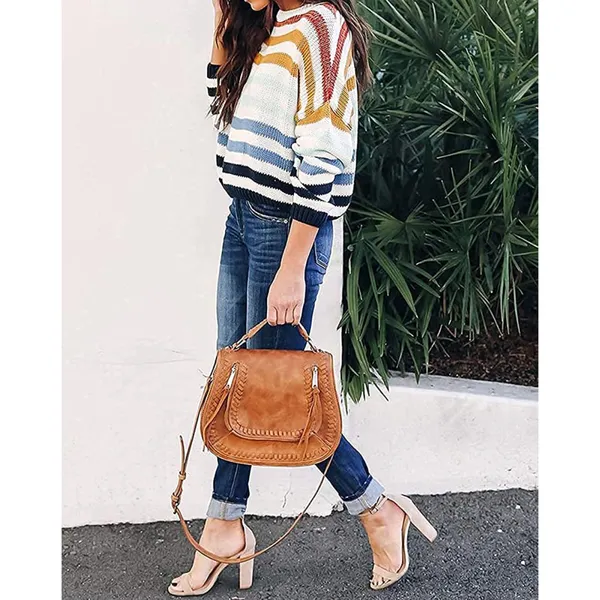 Long Sleeve Striped Color Block Casual Loose Knitted Pullover Sweater Top Medium - Image 4