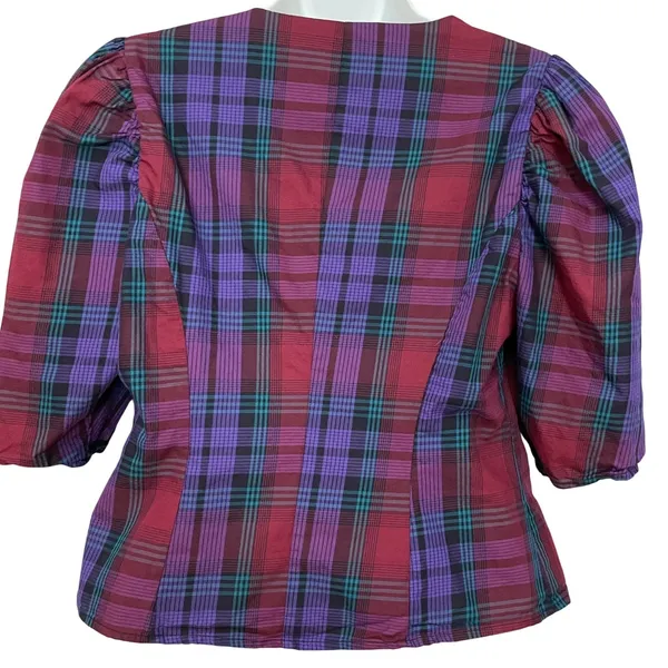 Zara Plaid Puff Sleeve Blouse‎ Women Size Medium Purple Red V-Neck Button Front - Image 5